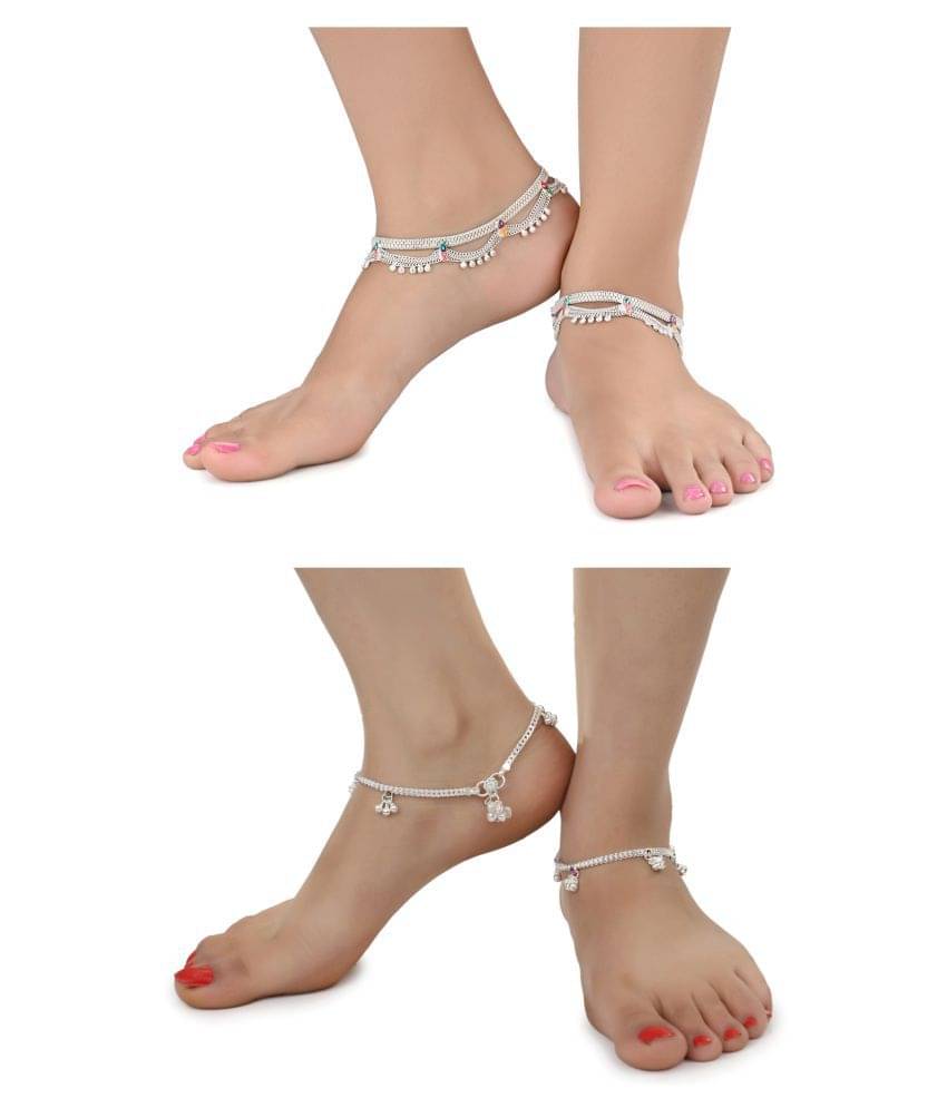AanyaCentric Combo of 2 Pair Silver Plated White Metal Indian Traditional Ethnic Payal Anklets AanyaCentric Combo of 2 Pair Silver Plated White Metal Indian Traditional Ethnic Payal Anklets