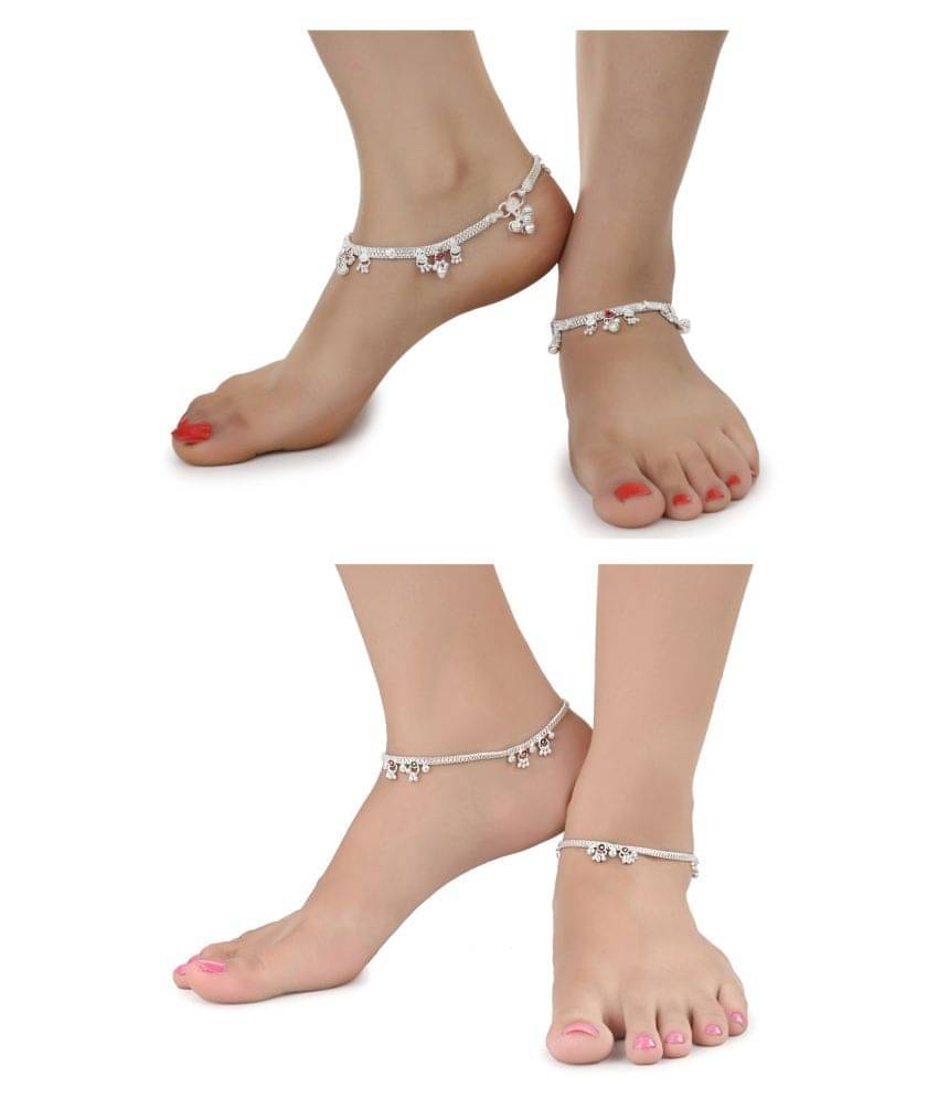AanyaCentric Combo of 2 Pair Silver Plated White Metal Indian Traditional Ethnic Payal Anklets AanyaCentric Combo of 2 Pair Silver Plated White Metal Indian Traditional Ethnic Payal Anklets