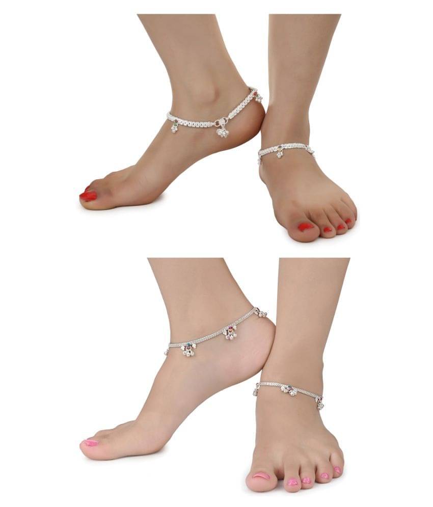 AanyaCentric Combo of 2 Pair Silver Plated White Metal Indian Traditional Ethnic Payal Anklets AanyaCentric Combo of 2 Pair Silver Plated White Metal Indian Traditional Ethnic Payal Anklets