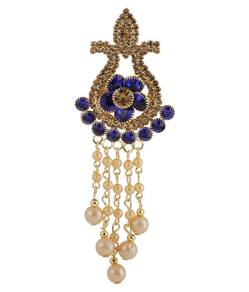 SILVER SHINE  Traditional Gold Plated Antique Royal Blue Colour Diamond Studded Pearl Drop Designer Wedding Brooch For Unisex Jewellery - Jewellery Sets | Buy online on ZillyBuy