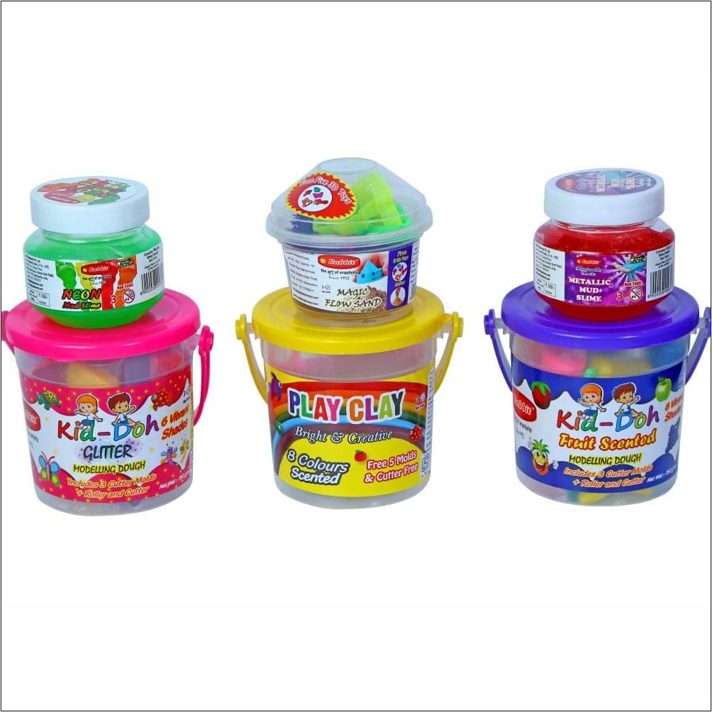     			Kid Doh Glitter Bucket + Fruit Scented Bucket +Play Clay 8 Color Bucket |+Play Sand box 100g|+Play Slime Neon 100g + Metallic 100gm for Kids|Play Doh Clay|Play Dough Slime|Sand Slime Set|Sand Clay for Kids|Slime for Kids|Kinetic sand for kids With Moulds|