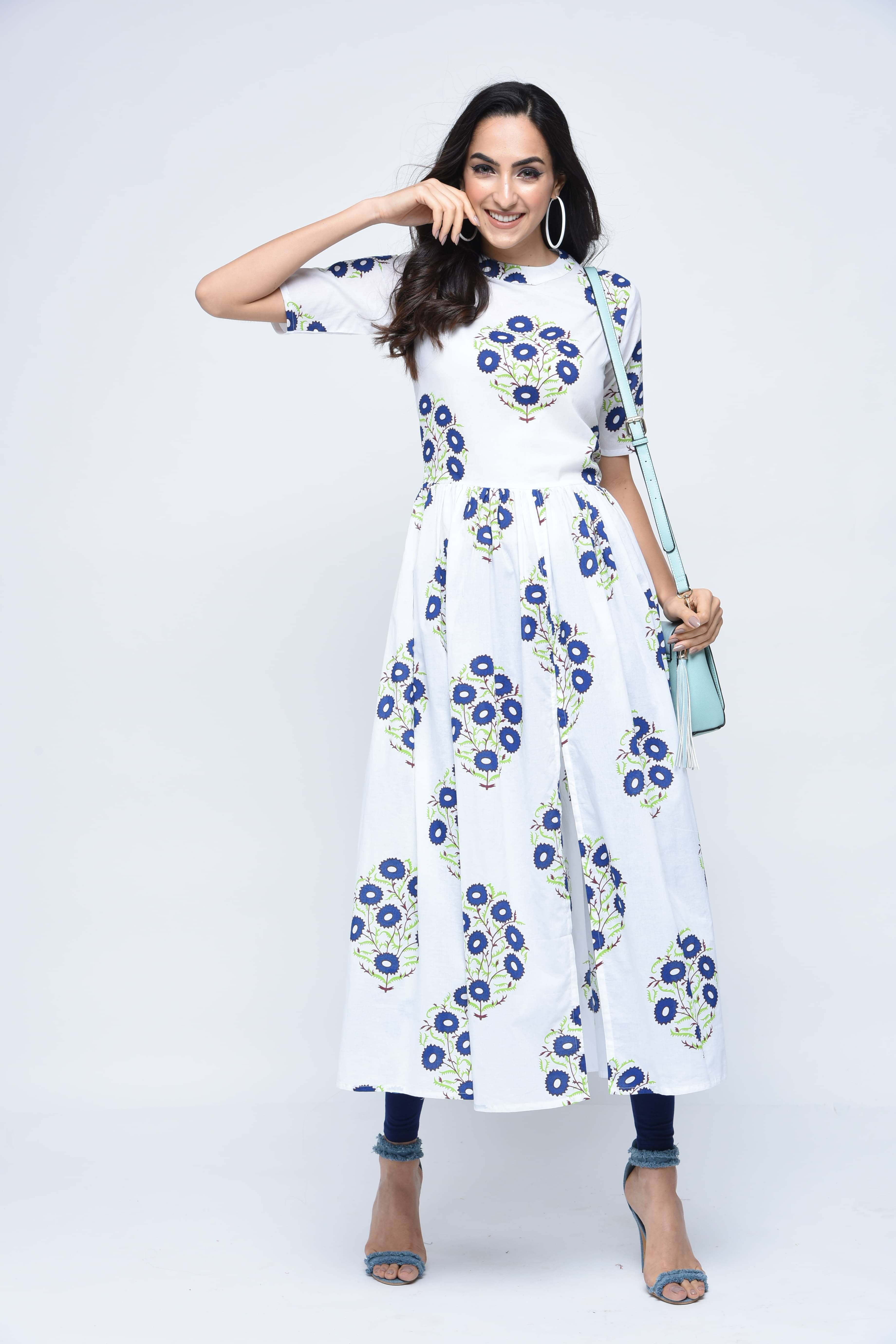     			Stylum White Cotton Blend A-line Kurti