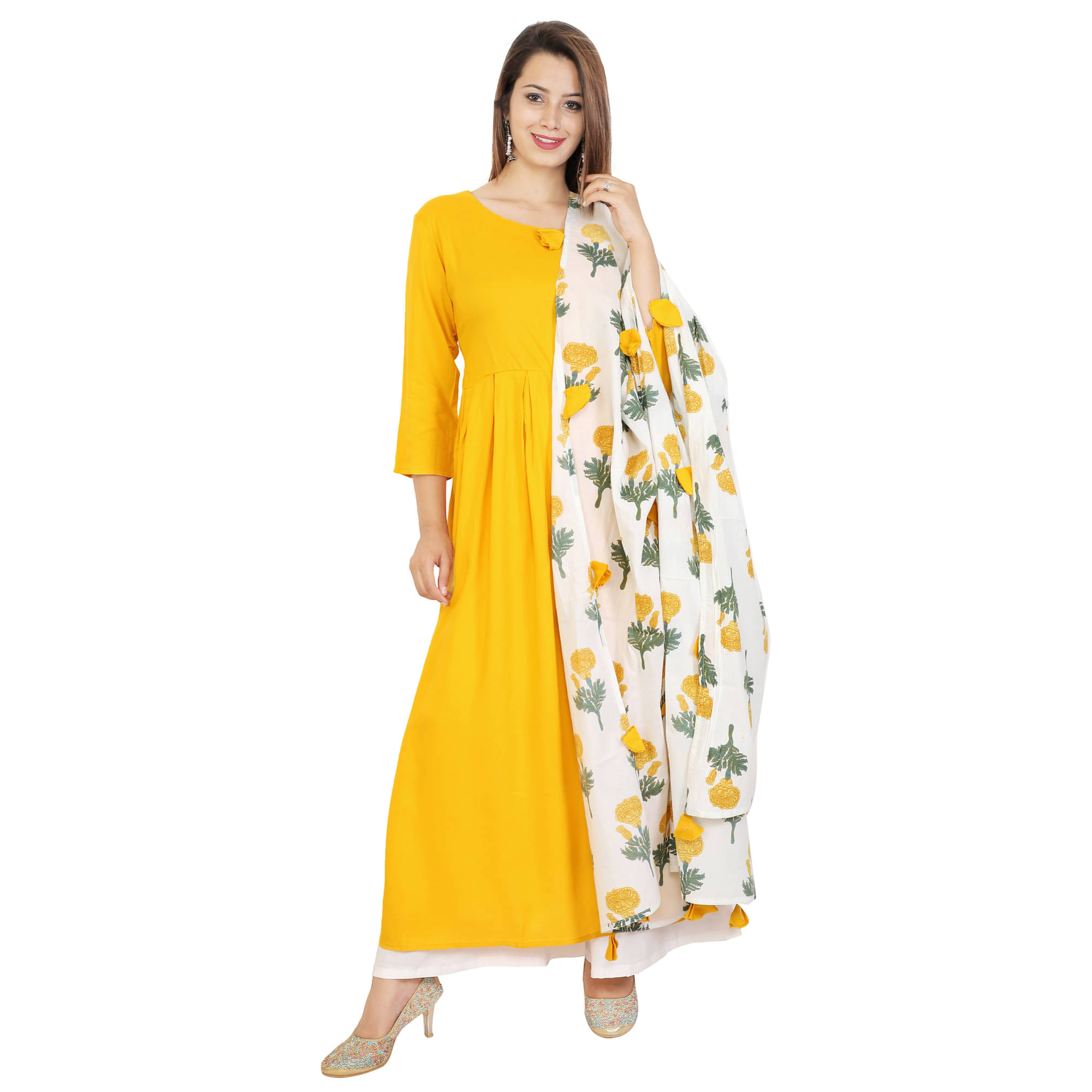     			Stylum - Yellow Rayon Women's Flared Kurti with Dupatta ( Pack of 1 )