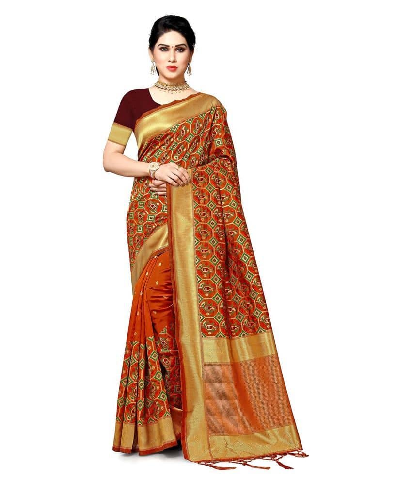 NENCY FASHION Banarasi Silk Self Design Saree With Unstitched Blouse Piece ( Orange ) - Sarees | Buy online on ZillyBuy