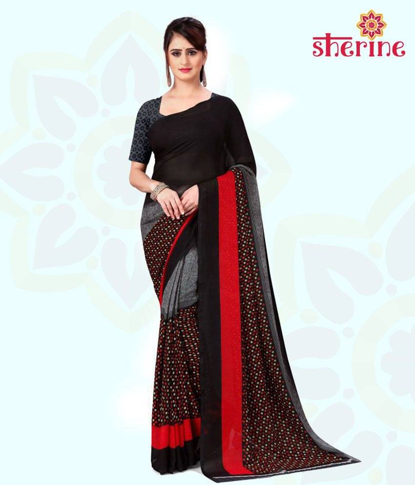 ANAND SAREES Georgette Printed Saree With Unstitched Blouse Piece ( Black ) ANAND SAREES Georgette Printed Saree With Unstitched Blouse Piece ( Black )