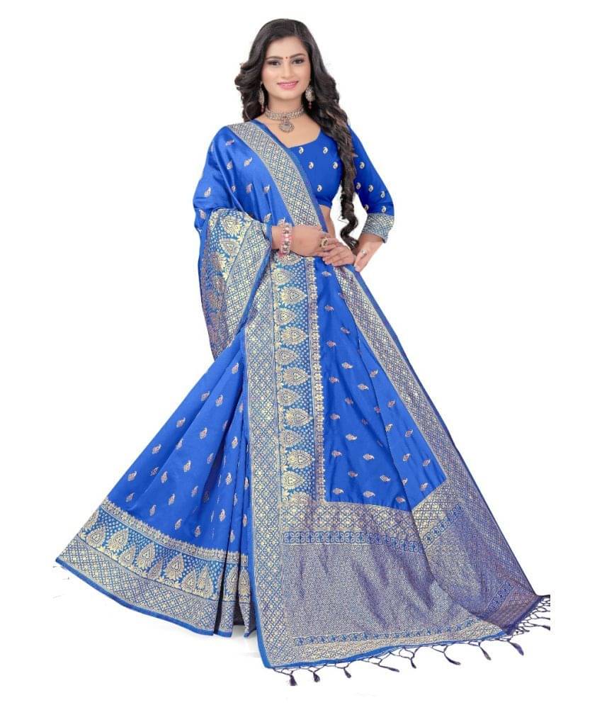     			NENCY FASHIONS Banarasi Silk Embroidered Saree With Unstitched Blouse Piece ( Blue )