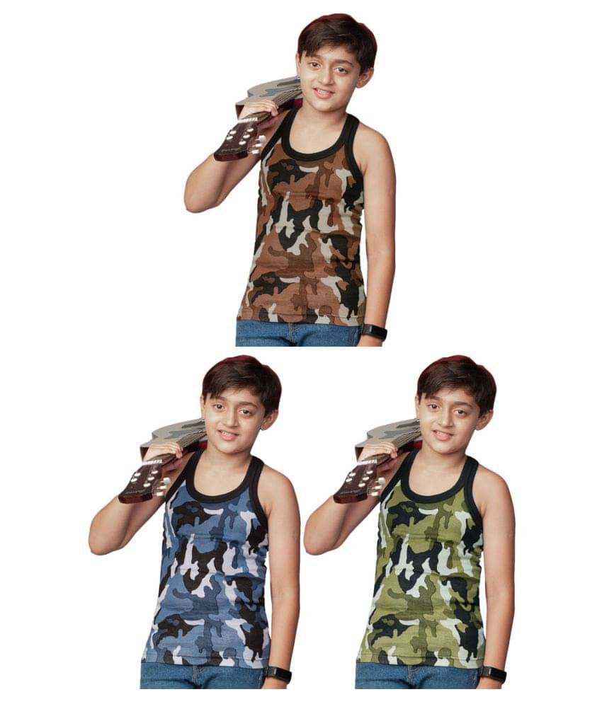     			Rupa Frontline Green, Bue and Brown Cotton Sleeveless Military Print Vests for Kids/Boys Pack of 3