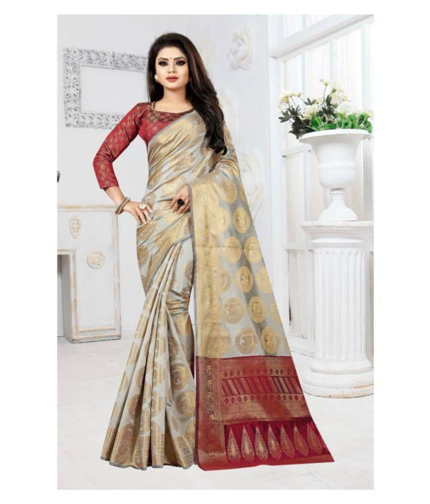 Gazal Fashions Banarasi Silk Embroidered Saree With Unstitched Blouse Piece ( Beige )