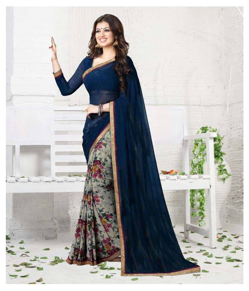 Gazal Fashions Silk Blend Printed Saree With Unstitched Blouse Piece ( Blue ) - Sarees | Buy online on ZillyBuy