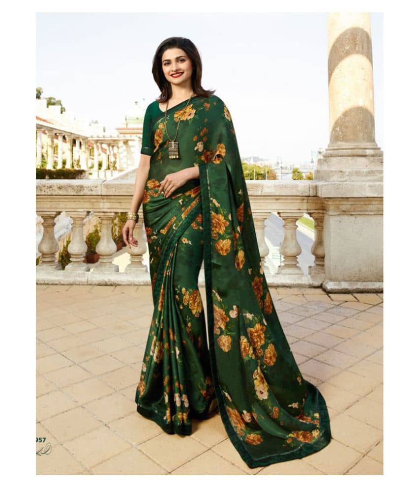 Gazal Fashions Silk Blend Printed Saree With Unstitched Blouse Piece ( Green ) - Sarees | Buy online on ZillyBuy