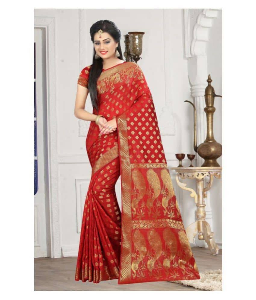 Gazal Fashions Banarasi Silk Self Design Saree With Unstitched Blouse Piece ( Red ) - Sarees | Buy online on ZillyBuy