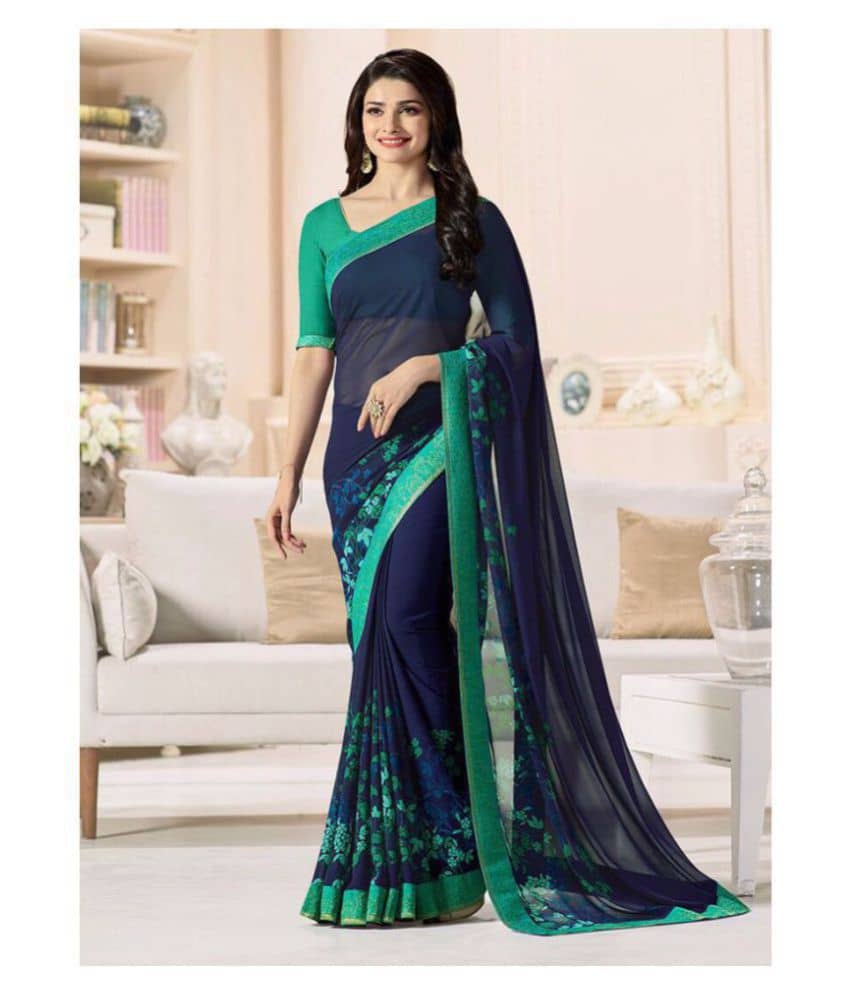 Gazal Fashions Chiffon Printed Saree With Unstitched Blouse Piece ( Blue ) - Sarees | Buy online on ZillyBuy
