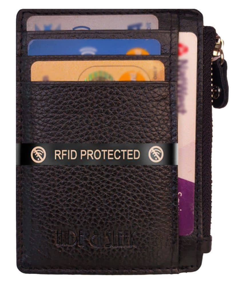 Hide&Sleek RFID Protected Genuine Brown Leather Side Zip Card Holder - Handbags | Buy online on ZillyBuy
