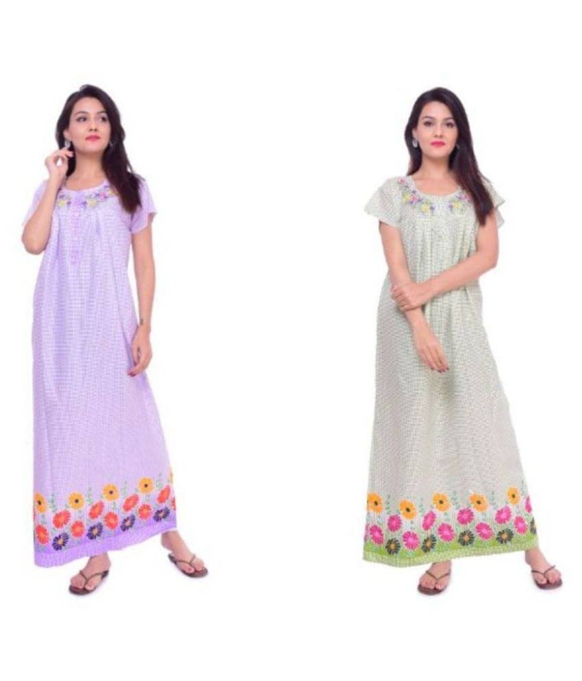     			Raj Cotton Nighty & Night Gowns - Green,Pink Pack of 2