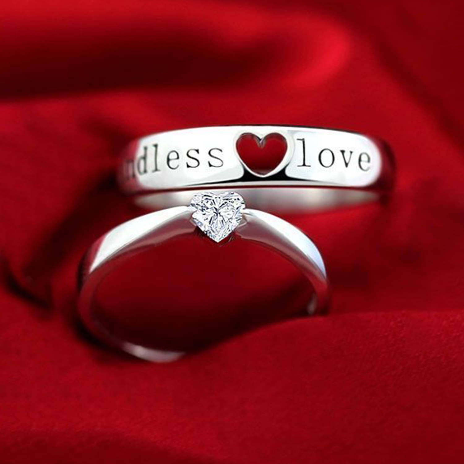     			Silver Shine Silver Plated Solitaire 'Endless Love' Heart Adjustable Couple ring for Men and Women,Couple ring for Girls and Boys-2 pieces