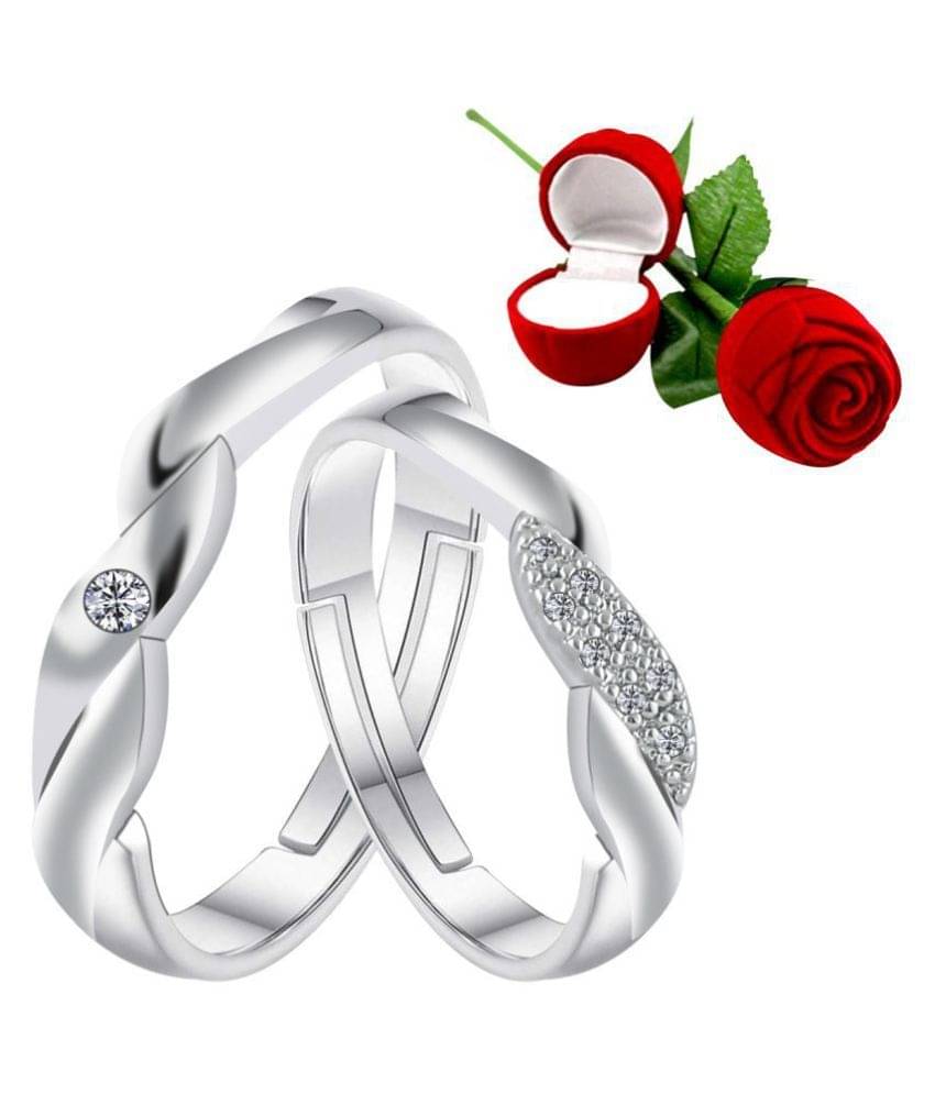 Silver Shine Silver Plated Adjustable Couple Ring with 1 Piece Red Rose Gift Box for Men and Women Silver Shine Silver Plated Adjustable Couple Ring with 1 Piece Red Rose Gift Box for Men and Women