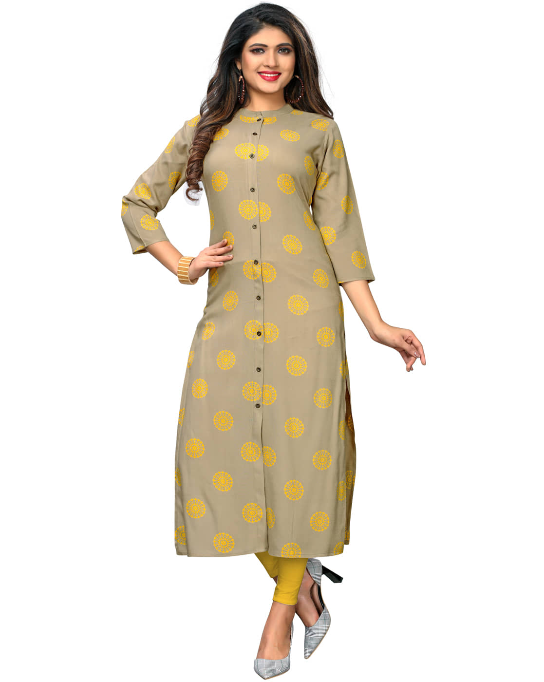 Vbuyz - Beige Rayon Women's Front Slit Kurti ( Pack of 1 ) - Kurtis, Tunics | Buy online on ZillyBuy
