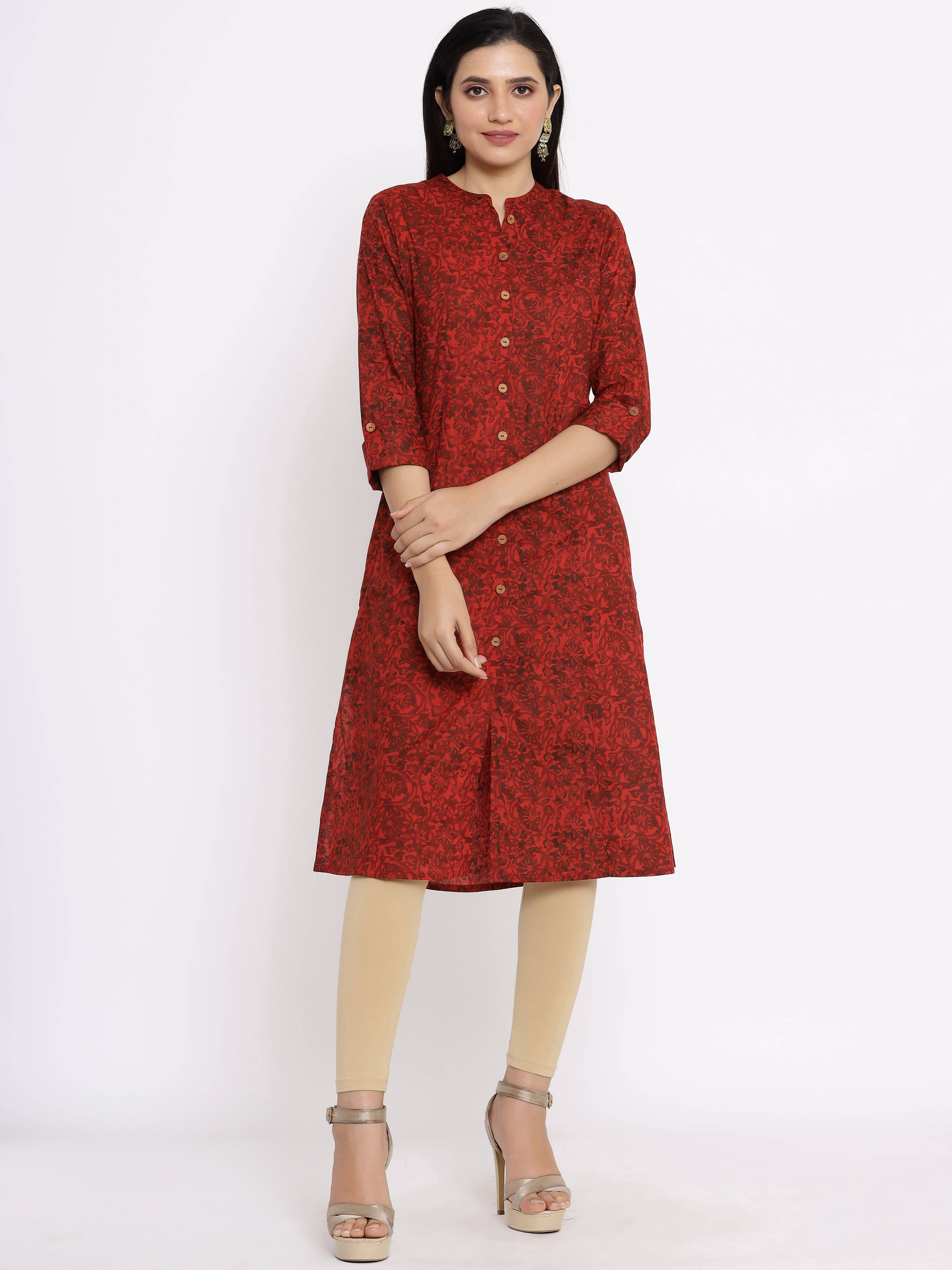     			FabbibaPrints - Maroon Cotton Women's Front Slit Kurti
