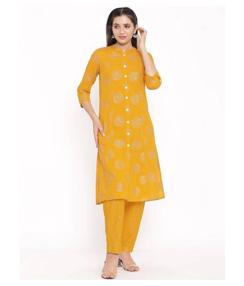     			FabbibaPrints - Yellow Cotton Women's Front Slit Kurti