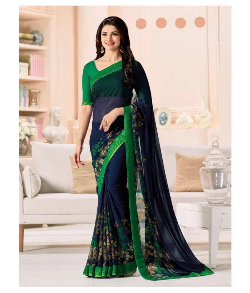 Gazal Fashions Chiffon Printed Saree With Unstitched Blouse Piece ( Navy Blue ) - Sarees | Buy online on ZillyBuy