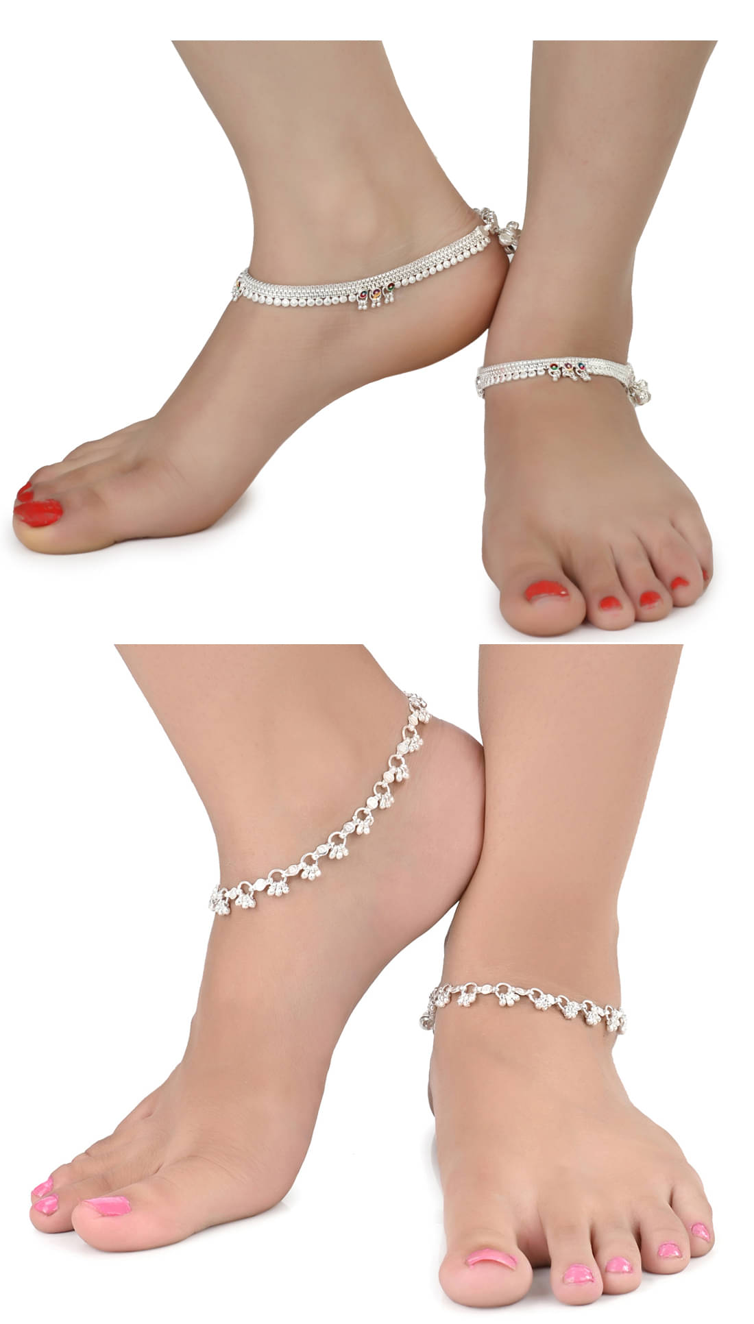 AanyaCentric Combo of 2 Pair Silver Plated White Metal Indian Traditional Ethnic Payal Anklets AanyaCentric Combo of 2 Pair Silver Plated White Metal Indian Traditional Ethnic Payal Anklets