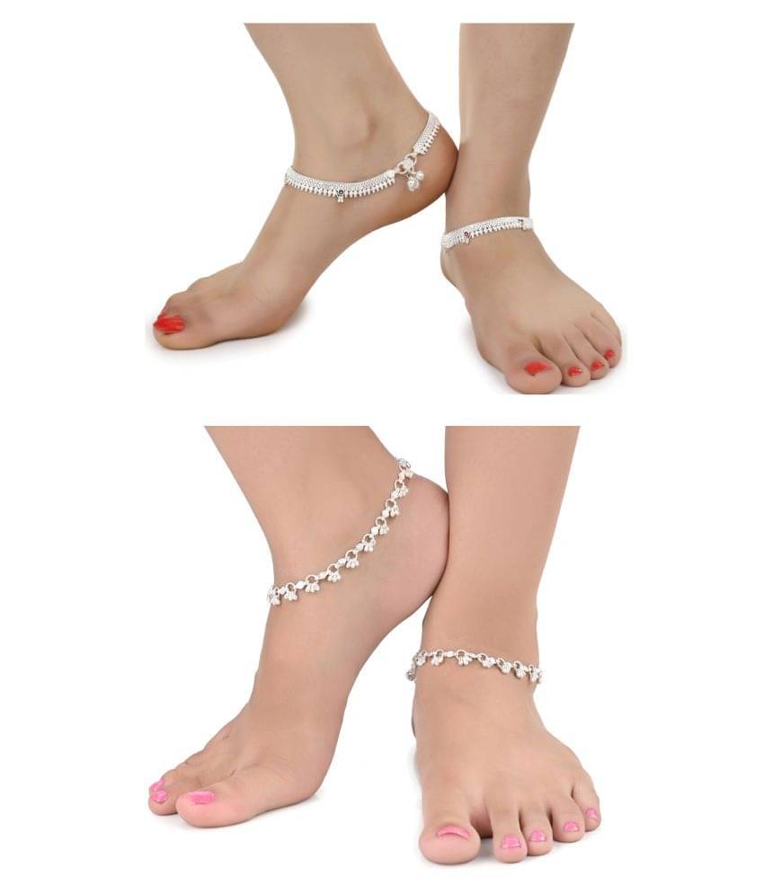 AanyaCentric Combo of 2 Pair Silver Plated White Metal Indian Traditional Ethnic Payal Anklets AanyaCentric Combo of 2 Pair Silver Plated White Metal Indian Traditional Ethnic Payal Anklets