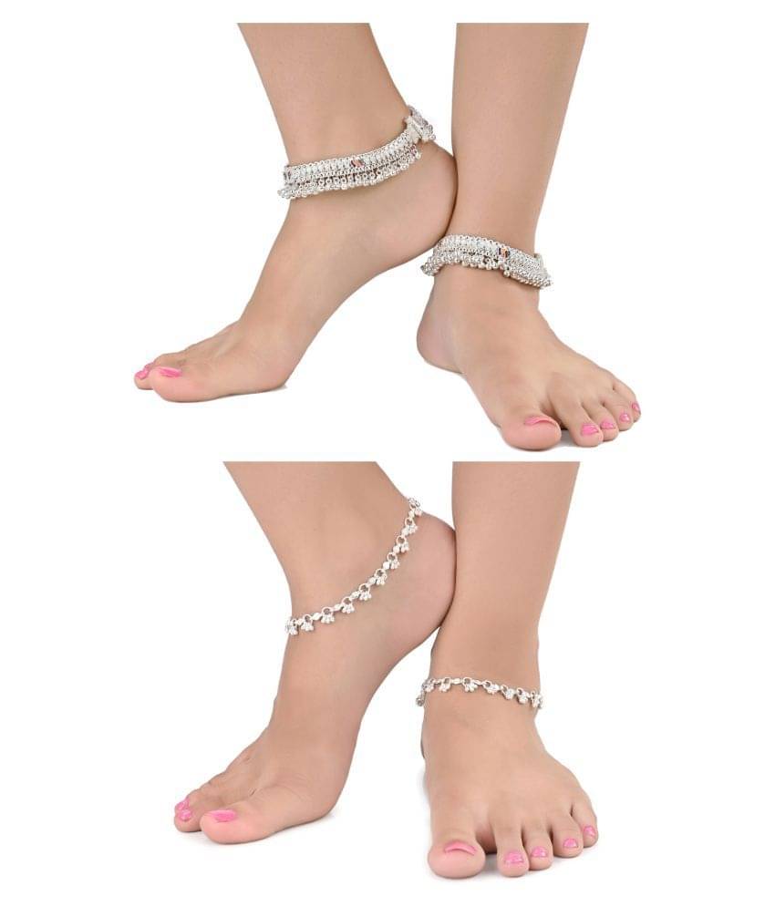     			AanyaCentric Combo of 2 Pair Silver Plated White Metal Indian Traditional Ethnic Payal Anklets