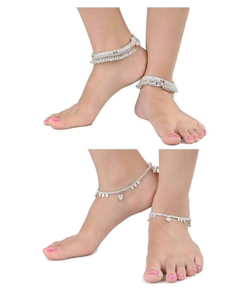 AanyaCentric Combo of 2 Pair Silver Plated White Metal Indian Traditional Ethnic Payal Anklets AanyaCentric Combo of 2 Pair Silver Plated White Metal Indian Traditional Ethnic Payal Anklets