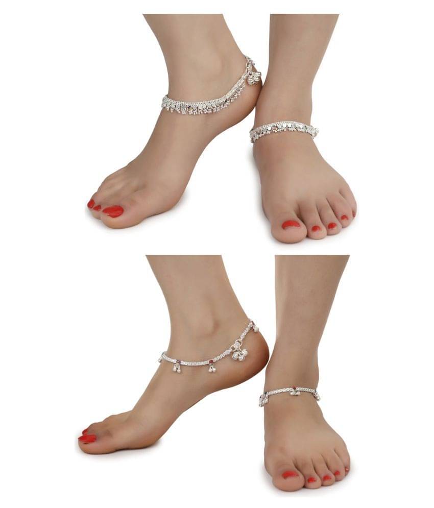 AanyaCentric Combo of 2 Pair Silver Plated White Metal Indian Traditional Ethnic Payal Anklets AanyaCentric Combo of 2 Pair Silver Plated White Metal Indian Traditional Ethnic Payal Anklets