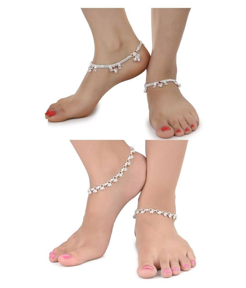 AanyaCentric Combo of 2 Pair Silver Plated White Metal Indian Traditional Ethnic Payal Anklets AanyaCentric Combo of 2 Pair Silver Plated White Metal Indian Traditional Ethnic Payal Anklets