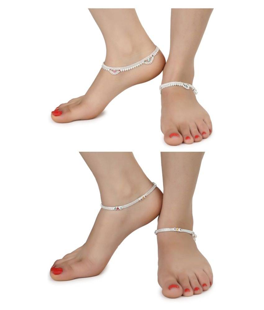     			AanyaCentric Combo of 2 Pair Silver Plated White Metal Indian Traditional Ethnic Payal Anklets