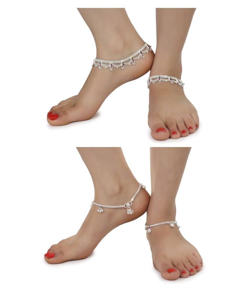 AanyaCentric Combo of 2 Pair Silver Plated White Metal Indian Traditional Ethnic Payal Anklets AanyaCentric Combo of 2 Pair Silver Plated White Metal Indian Traditional Ethnic Payal Anklets