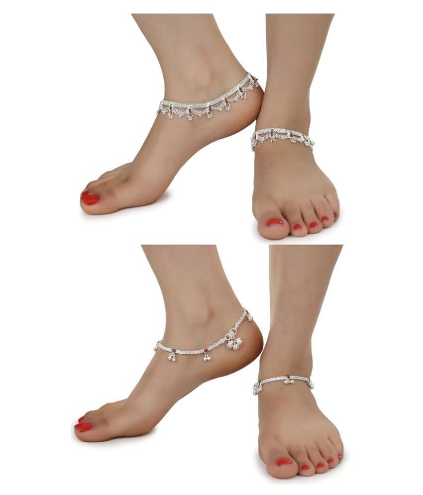    			AanyaCentric Combo of 2 Pair Silver Plated White Metal Indian Traditional Ethnic Payal Anklets