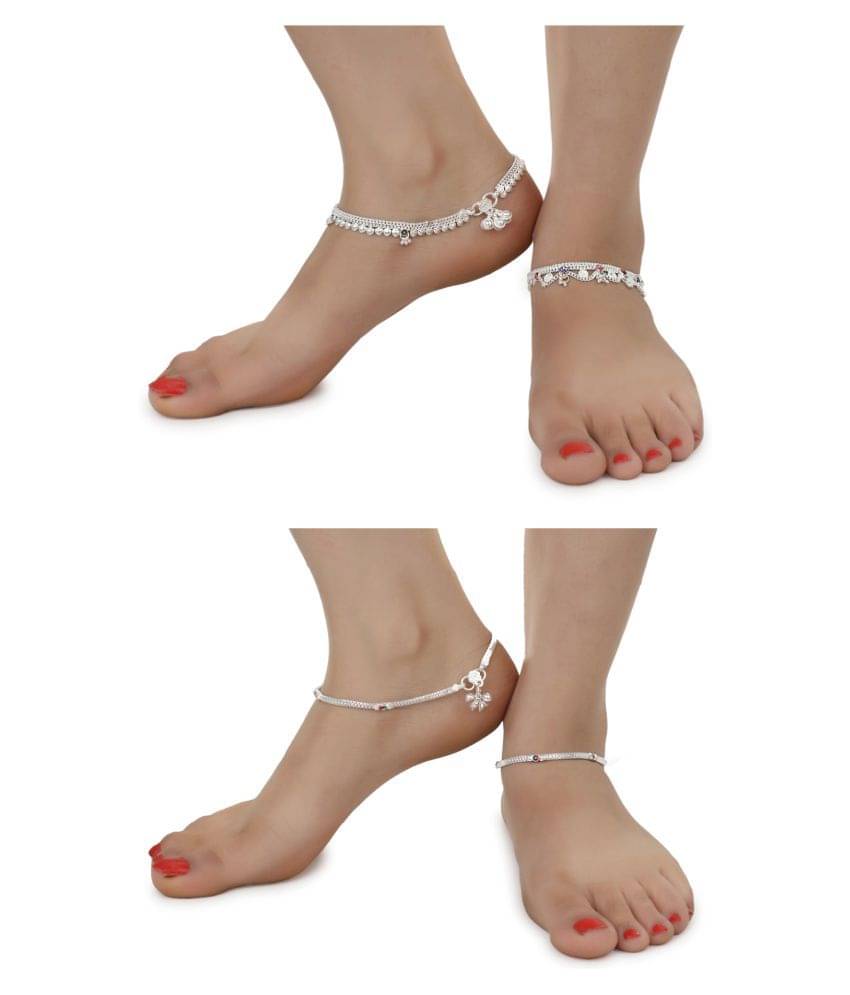     			AanyaCentric Combo of 2 Pair Silver Plated White Metal Indian Traditional Ethnic Payal Anklets