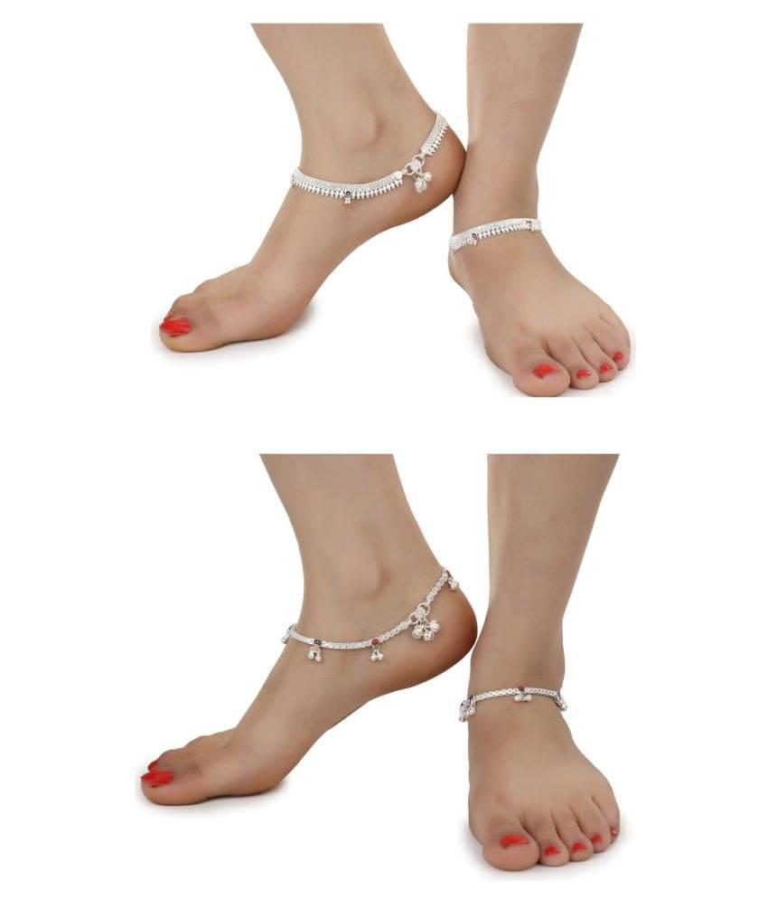     			AanyaCentric Combo of 2 Pair Silver Plated White Metal Indian Traditional Ethnic Payal Anklets