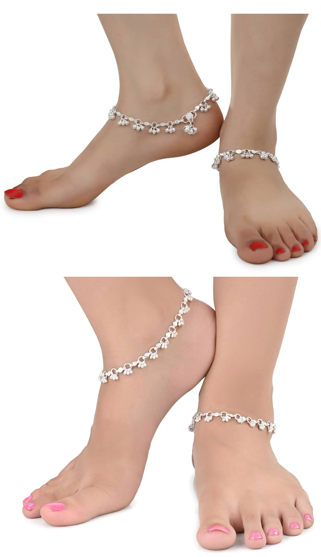     			AanyaCentric Combo of 2 Pair Silver Plated White Metal Indian Traditional Ethnic Payal Anklets