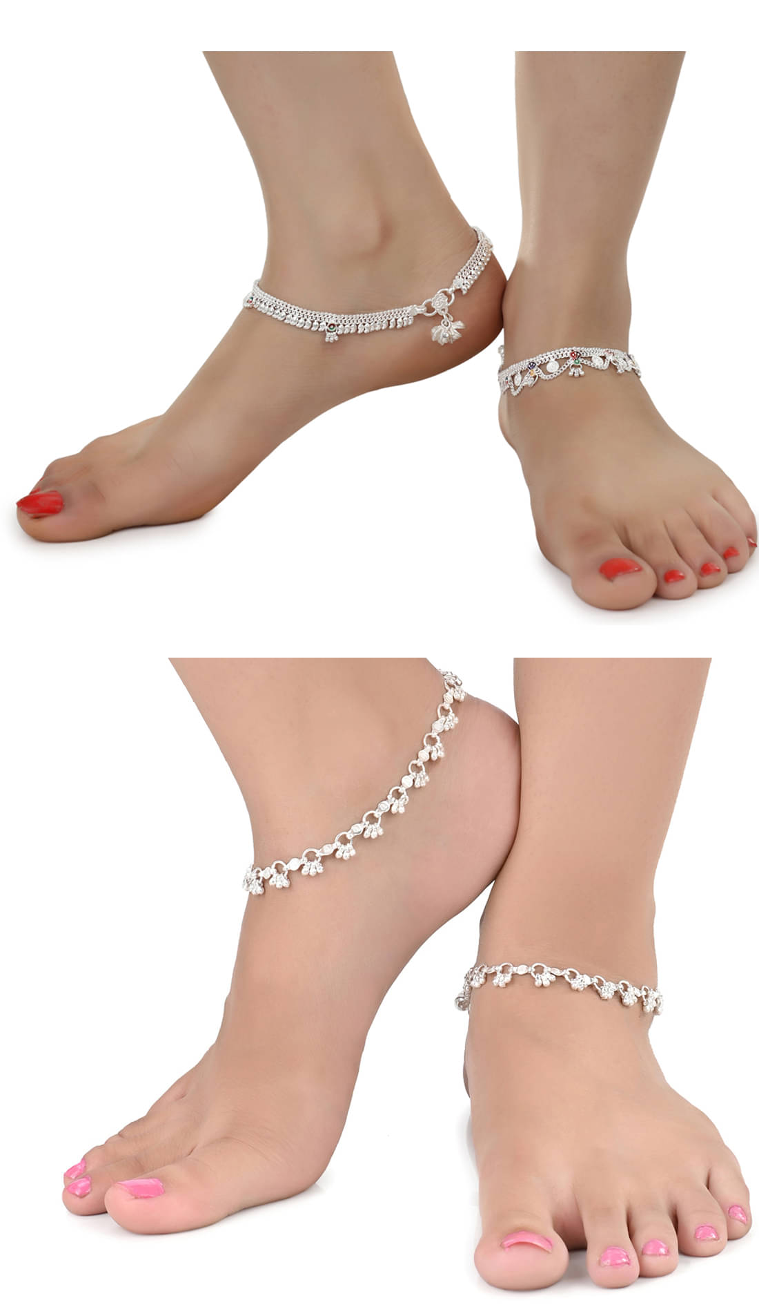 AanyaCentric Combo of 2 Pair Silver Plated White Metal Indian Traditional Ethnic Payal Anklets AanyaCentric Combo of 2 Pair Silver Plated White Metal Indian Traditional Ethnic Payal Anklets