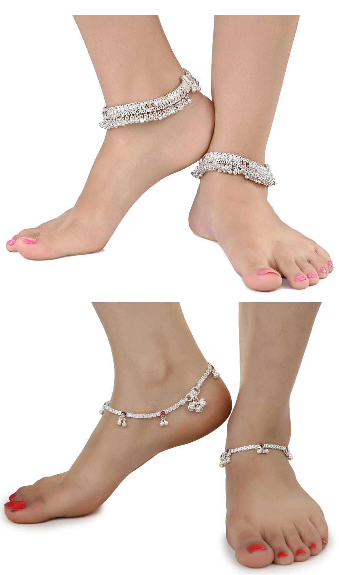     			AanyaCentric Combo of 2 Pair Silver Plated White Metal Indian Traditional Ethnic Payal Anklets