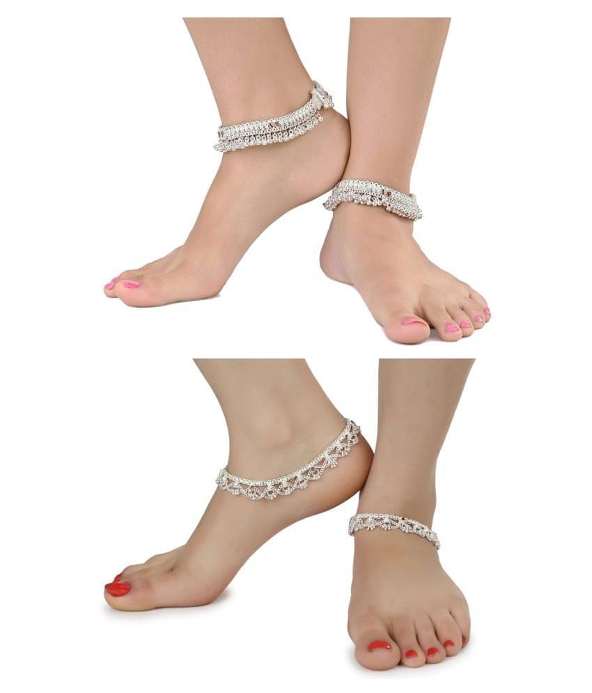 AanyaCentric Combo of 2 Pair Silver Plated White Metal Indian Traditional Ethnic Payal Anklets AanyaCentric Combo of 2 Pair Silver Plated White Metal Indian Traditional Ethnic Payal Anklets