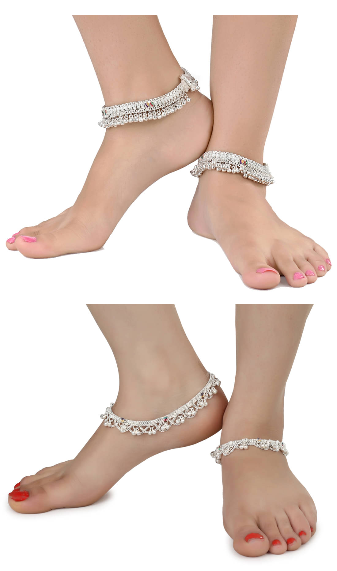 AanyaCentric Combo of 2 Pair Silver Plated White Metal Indian Traditional Ethnic Payal Anklets AanyaCentric Combo of 2 Pair Silver Plated White Metal Indian Traditional Ethnic Payal Anklets