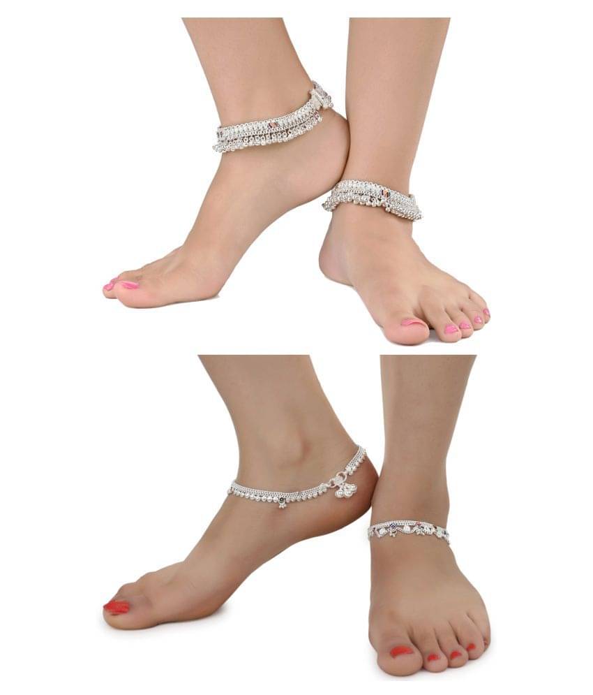     			AanyaCentric Combo of 2 Pair Silver Plated White Metal Indian Traditional Ethnic Payal Anklets