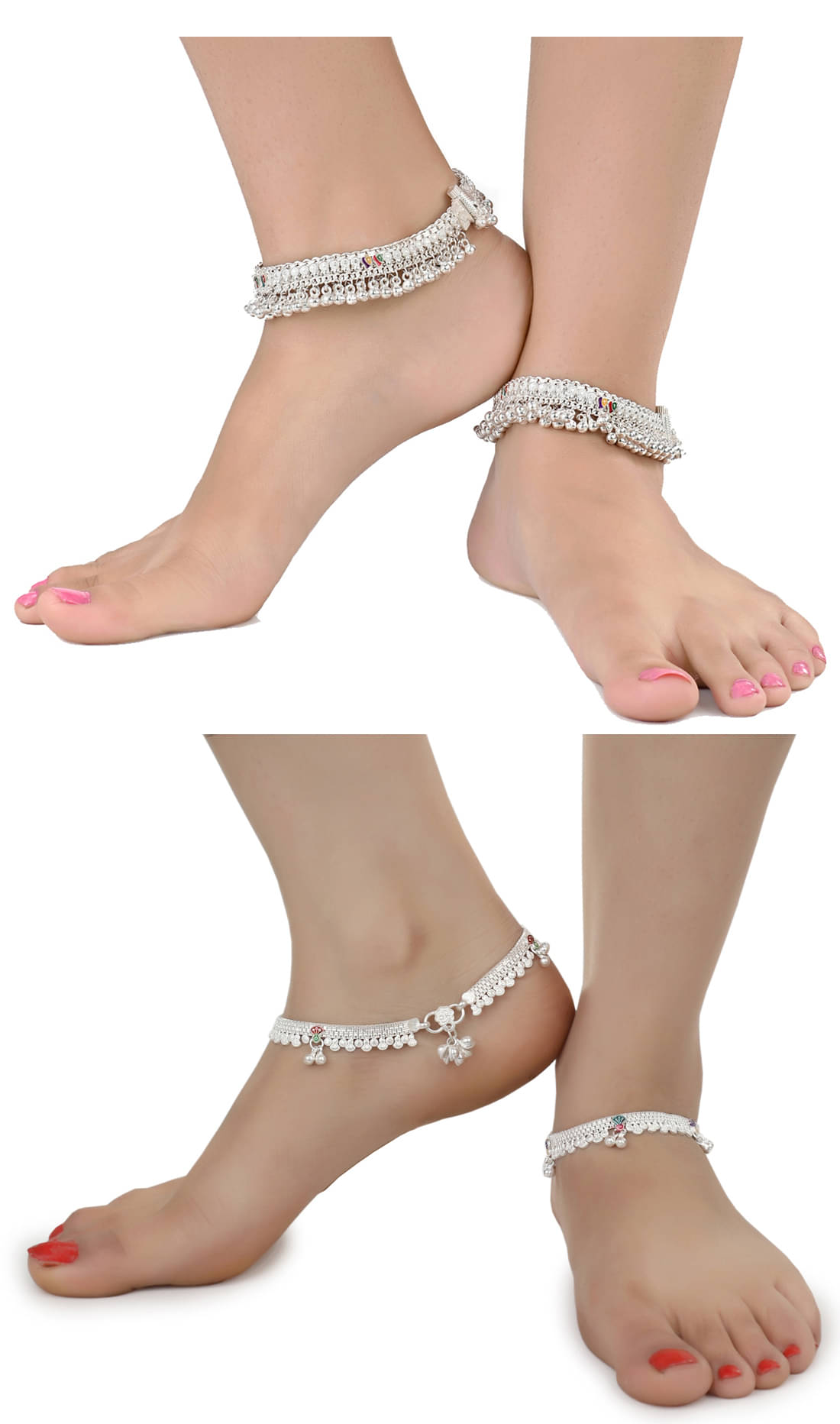     			AanyaCentric Combo of 2 Pair Silver Plated White Metal Indian Traditional Ethnic Payal Anklets