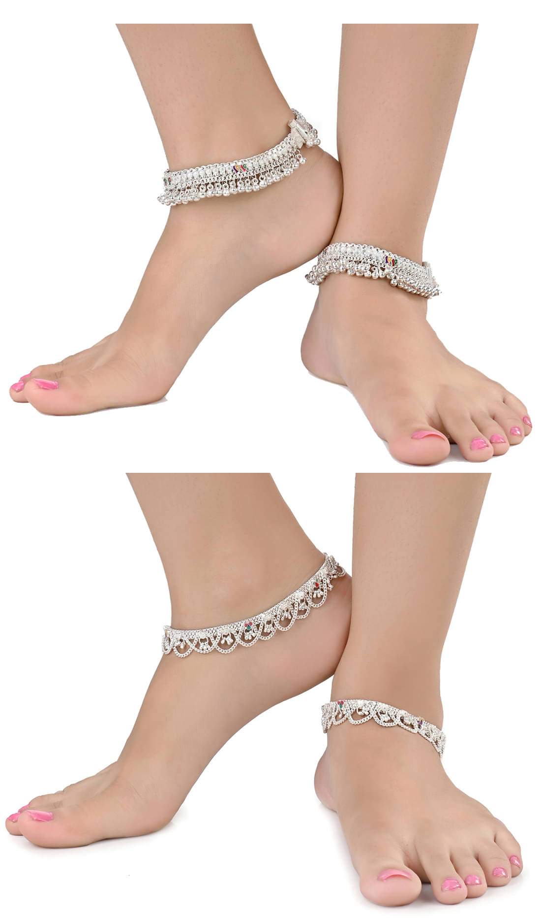 AanyaCentric Combo of 2 Pair Silver Plated White Metal Indian Traditional Ethnic Payal Anklets AanyaCentric Combo of 2 Pair Silver Plated White Metal Indian Traditional Ethnic Payal Anklets