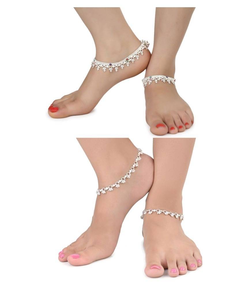     			AanyaCentric Combo of 2 Pair Silver Plated White Metal Indian Traditional Ethnic Payal Anklets