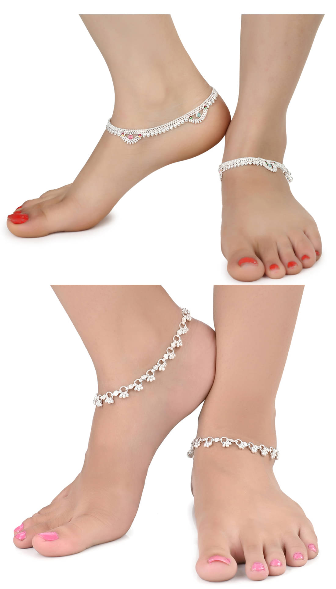     			AanyaCentric Combo of 2 Pair Silver Plated White Metal Indian Traditional Ethnic Payal Anklets