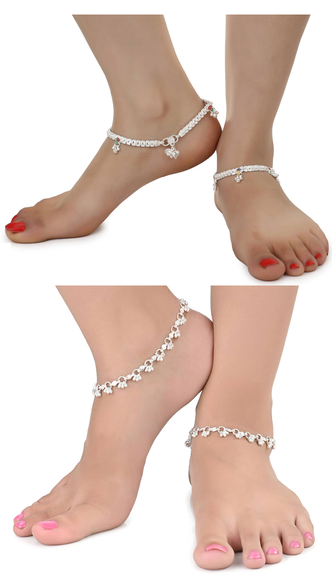 AanyaCentric Combo of 2 Pair Silver Plated White Metal Indian Traditional Ethnic Payal Anklets AanyaCentric Combo of 2 Pair Silver Plated White Metal Indian Traditional Ethnic Payal Anklets