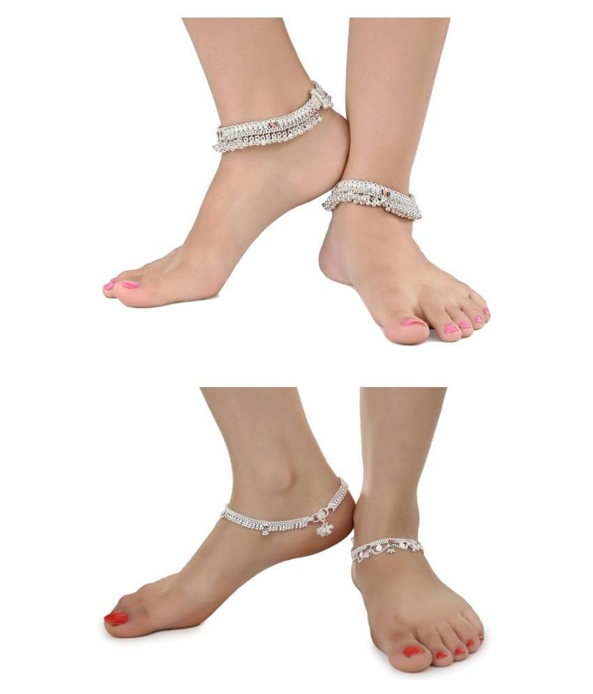 AanyaCentric Combo of 2 Pair Silver Plated White Metal Indian Traditional Ethnic Payal Anklets AanyaCentric Combo of 2 Pair Silver Plated White Metal Indian Traditional Ethnic Payal Anklets