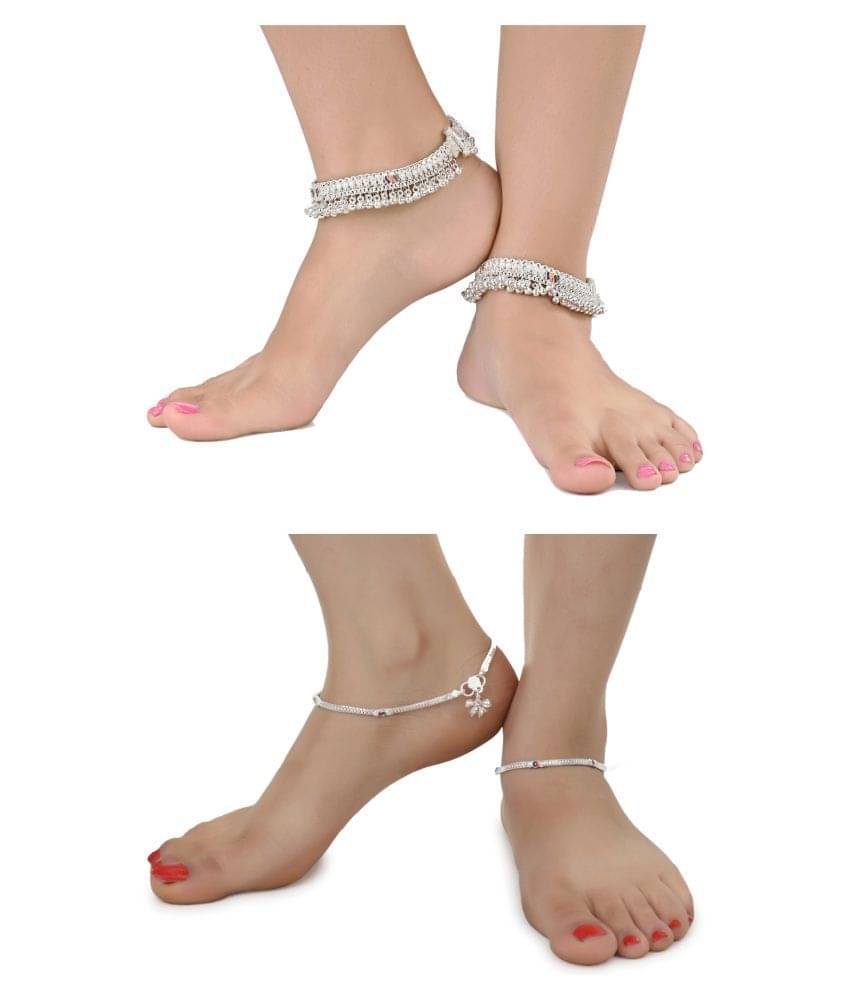     			AanyaCentric Combo of 2 Pair Silver Plated White Metal Indian Traditional Ethnic Payal Anklets