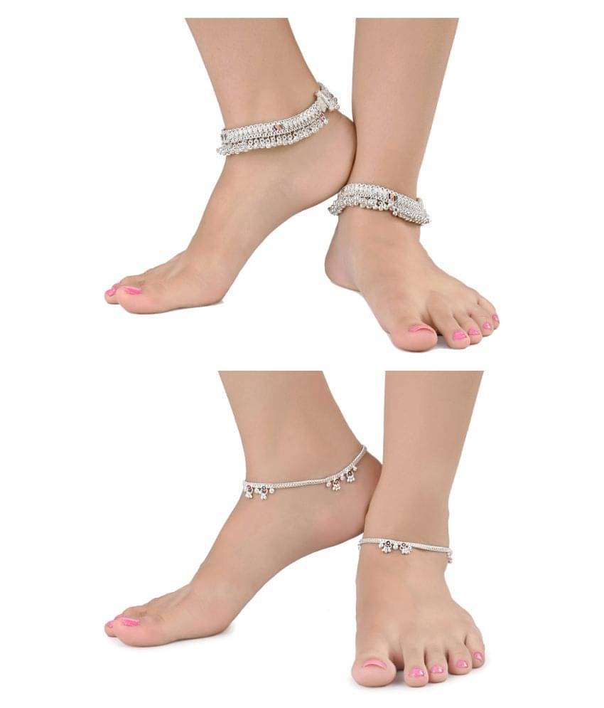     			AanyaCentric Combo of 2 Pair Silver Plated White Metal Indian Traditional Ethnic Payal Anklets