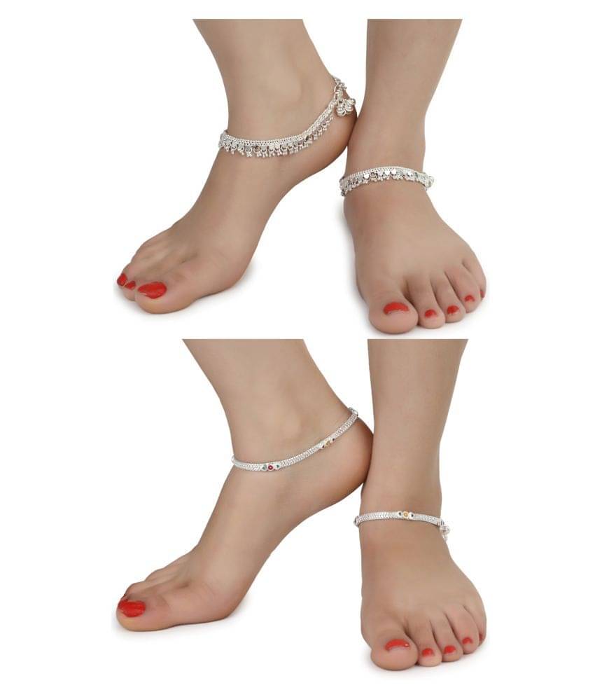     			AanyaCentric Combo of 2 Pair Silver Plated White Metal Indian Traditional Ethnic Payal Anklets